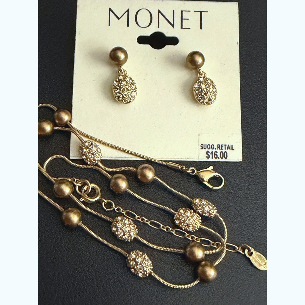 Monet Necklace Earrings Set Bronze Tone Rhinestone Bead Fall
